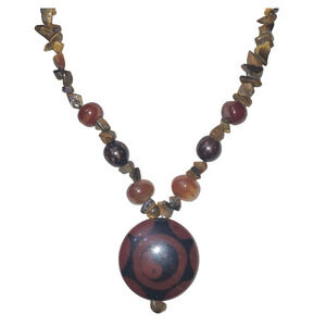 Artisan Dzi Agate  Yin Yang Carnelian Tiger Eye  Beaded Pendant Necklace